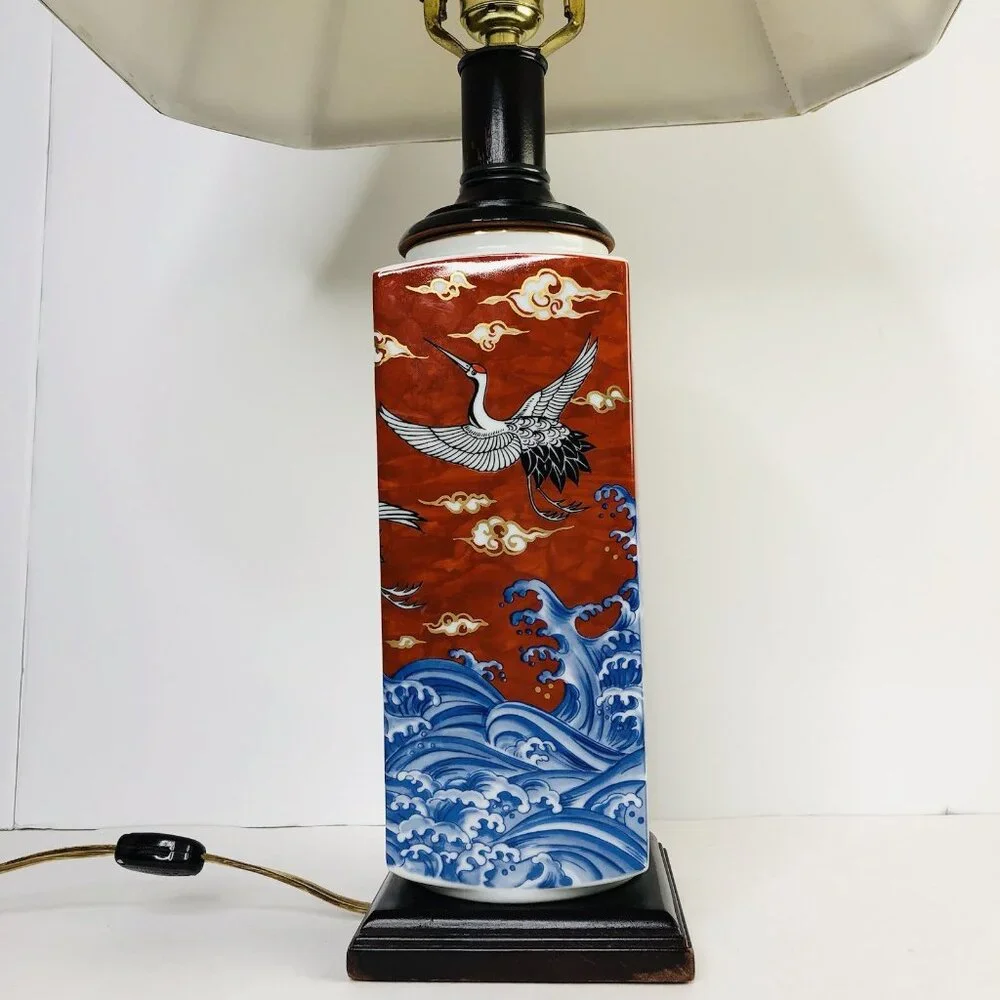 Chinese Square Orange Red Porcelain Lamp Shade Birds Sea Cloud Gold Hand painted